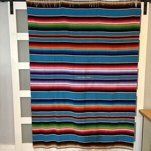 Vintage Mexican Serape Blanket Fringe Striped Colorful Hand Woven 82”x 60” Aztec